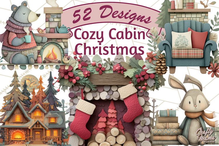 Cozy Cabin Christmas PNG, Cut-Paper Collage Holiday Clipart