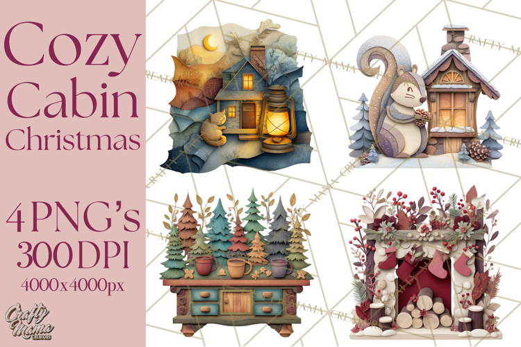 Cozy Cabin Christmas PNG, Cut-Paper Collage Holiday Clipart