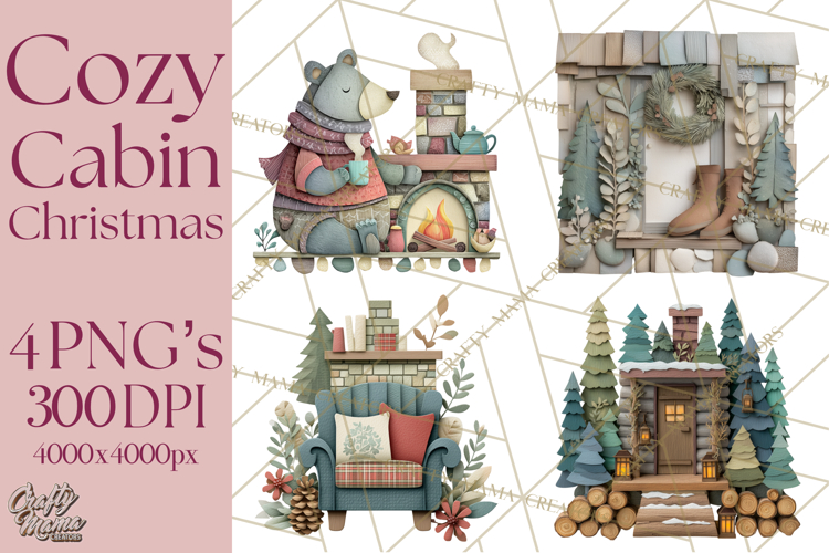 Cozy Cabin Christmas PNG, Cut-Paper Collage Holiday Clipart