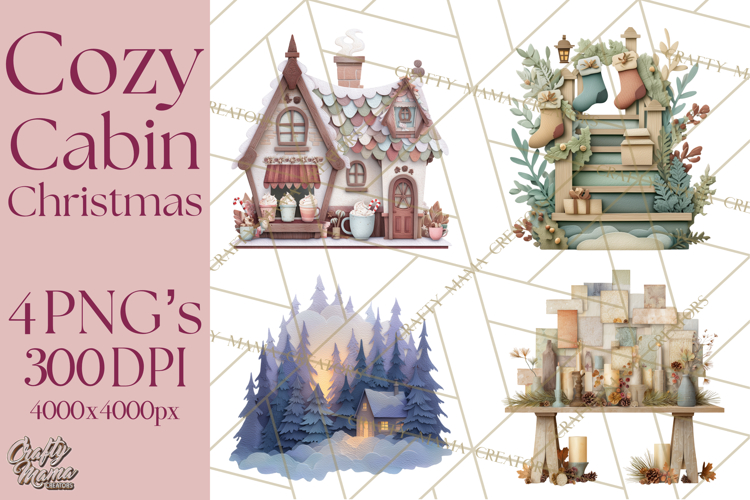 Cozy Cabin Christmas PNG, Cut-Paper Collage Holiday Clipart