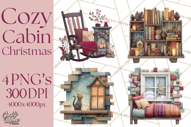 Cozy Cabin Christmas PNG, Cut-Paper Collage Holiday Clipart