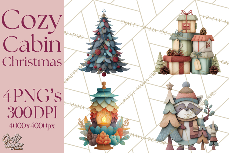 Cozy Cabin Christmas PNG, Cut-Paper Collage Holiday Clipart