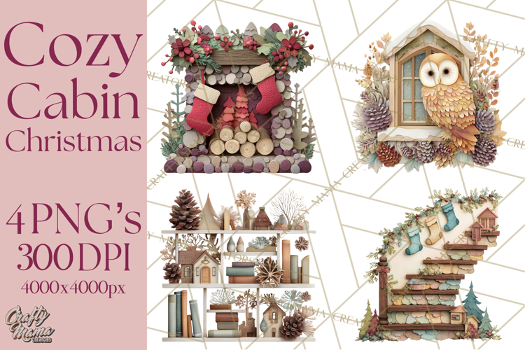 Cozy Cabin Christmas PNG, Cut-Paper Collage Holiday Clipart