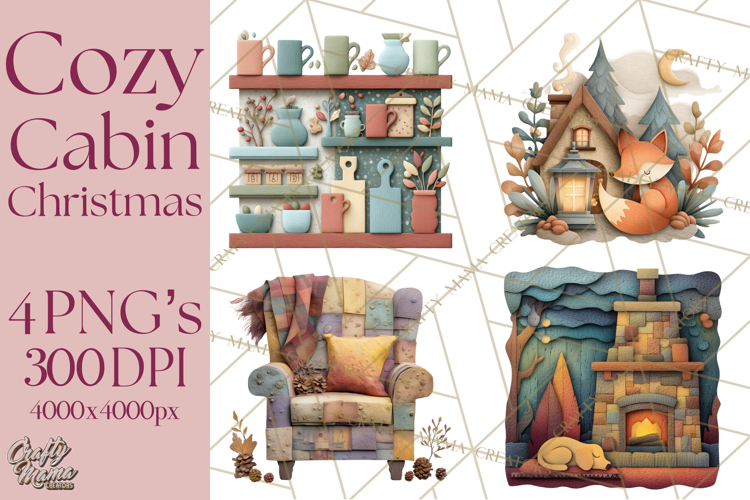 Cozy Cabin Christmas PNG, Cut-Paper Collage Holiday Clipart