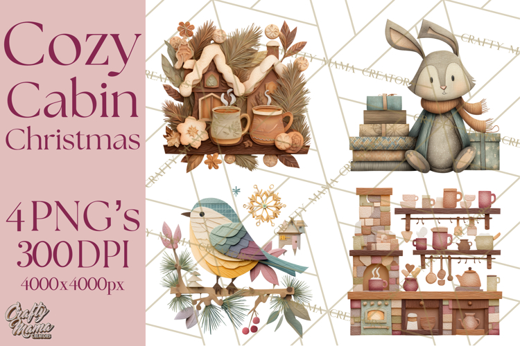 Cozy Cabin Christmas PNG, Cut-Paper Collage Holiday Clipart