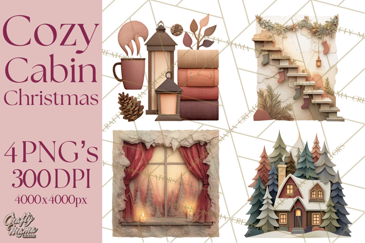 Cozy Cabin Christmas PNG, Cut-Paper Collage Holiday Clipart
