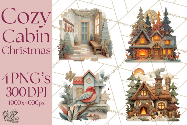 Cozy Cabin Christmas PNG, Cut-Paper Collage Holiday Clipart
