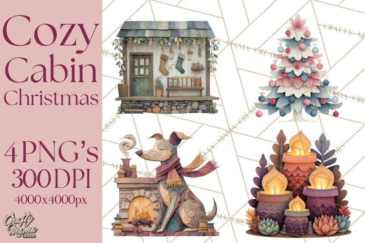 Cozy Cabin Christmas PNG, Cut-Paper Collage Holiday Clipart