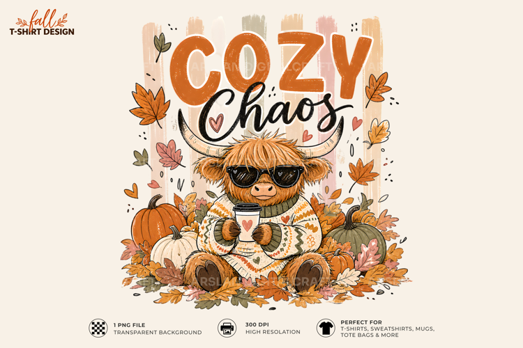 Cozy Chaos Highland Cow Autumn Sublimation PNG TShirt Design