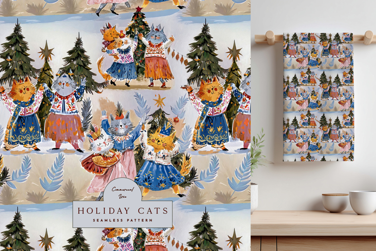 Cozy Christmas Cat Seamless Pattern with Folk Art Winter
