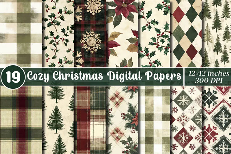 Cozy Christmas Digital Paper | Rustic Plaid & Holiday Papers