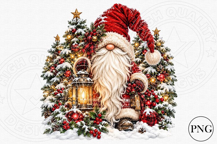 Cozy Christmas Gnome PNG | Snowy Tree & Lantern Sublimation example image 1
