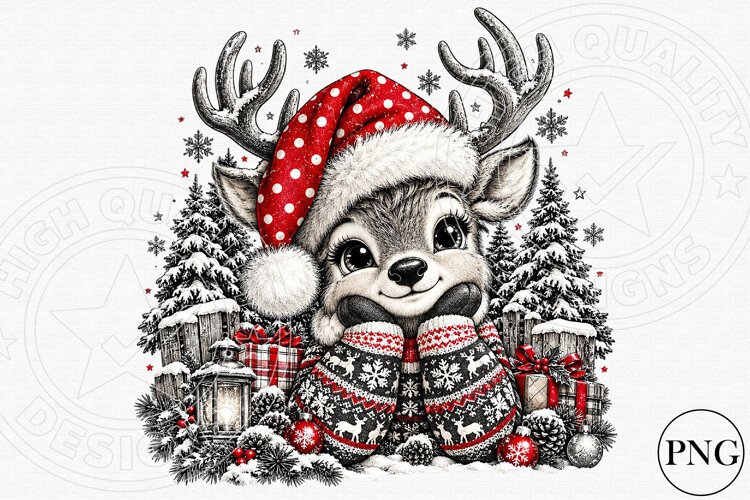 Cozy Christmas Reindeer PNG | Santa Hat & Winter Sweater Sub example image 1