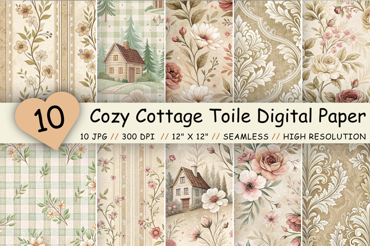 Cozy Cottage Toile Digital Paper Pack, Vintage Floral Toile