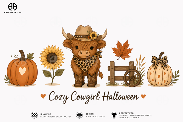 Cozy Cowgirl Halloween Highland Cow Western Fall T-shirt PNG