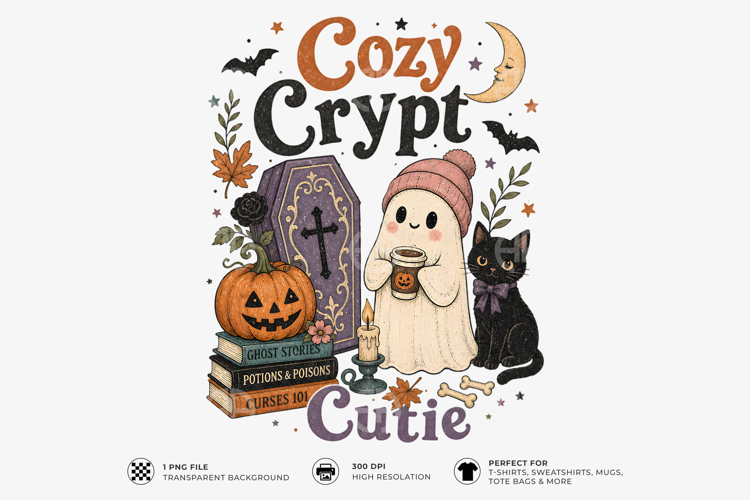Cozy Crypt Cutie Ghost Halloween Sublimation T-Shirt Design