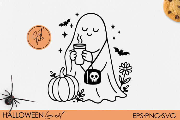 Cozy Ghost with Coffee Clipart Fall Halloween Ghost SVG, PNG
