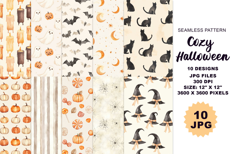 Cozy Halloween Seamless Pattern Watercolor Graphics 10 JPG