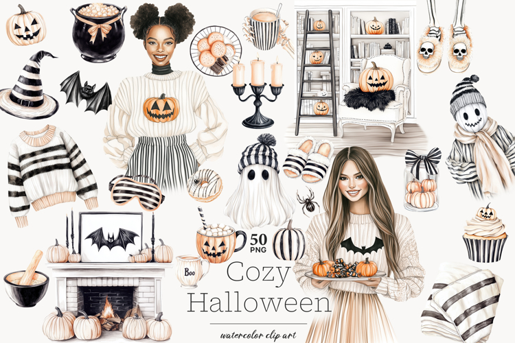Cozy Halloween PNG Neutral Clipart | Beige Black Witch Girl