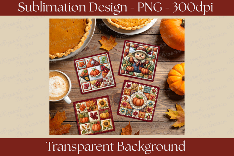 Fall Patchwork Pumpkin Quilted Coaster Sublimation PNG