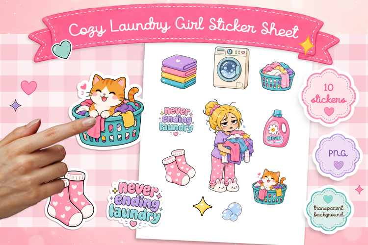 Cozy Laundry Girl Sticker Sheet PNG, Cute Laundry Day Set.