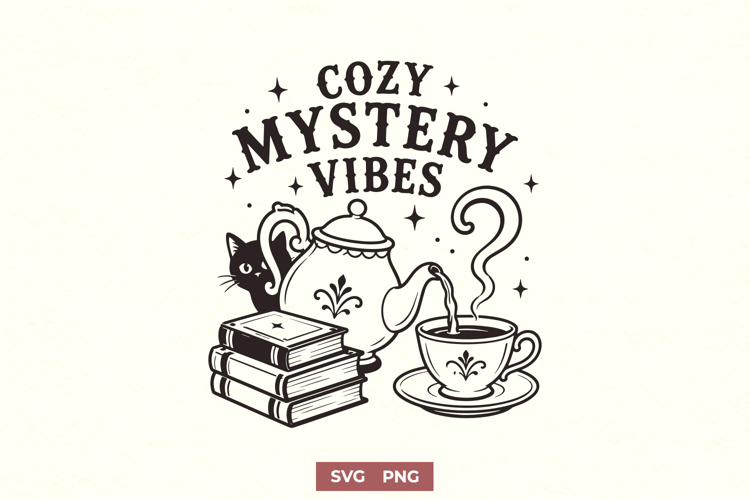 Cozy Mystery Vibes SVG, Tea and Books PNG, Vintage Black Cat