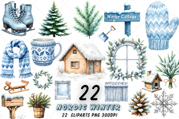 Cozy Nordic Winter Cottage Clipart Bundle, Nordic Winter PNG