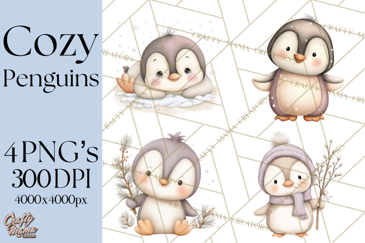 Neutral Winter Penguin Clipart PNG Hygge Animals