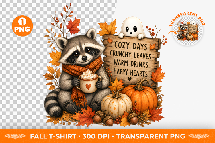 Cozy Raccoon Pumpkin Fall Sublimation Clipart PNG