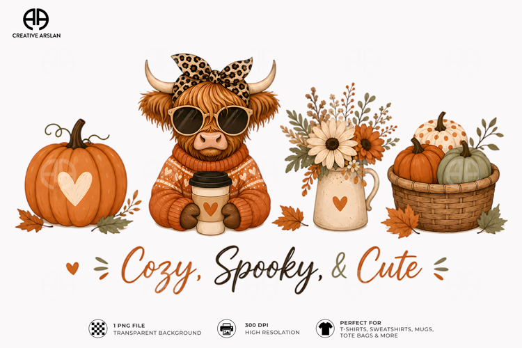 Cozy Spooky & Highland Cow | Halloween Coffee T-Shirt Design