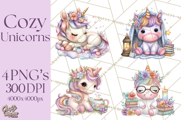 Cute Cozy Unicorn PNG Clipart for Reading, Tea and Relaxing