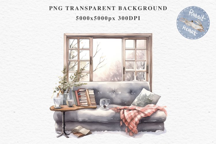 Cozy Winter Book Corner Clipart PNG Cottagecore Aesthetic Scrapbooking boho interior table desk Transparent art workshop designs sublimation printable collage watercolor cozy winter book worn Corner, reading PNG,  jpeg boho interior table, sofa room