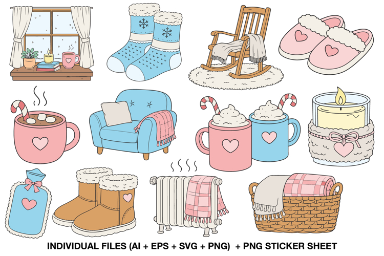 Cozy winter clipart set with hygge illustrations