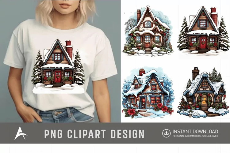 Watercolor Cozy Winter Cottage Clipart