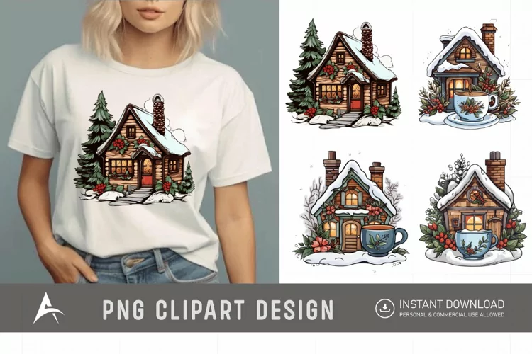 Watercolor Cozy Winter Cottage Clipart