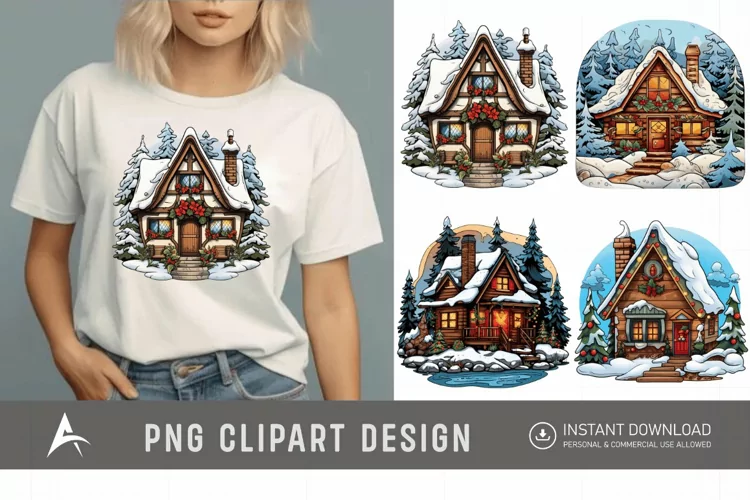 Watercolor Cozy Winter Cottage Clipart