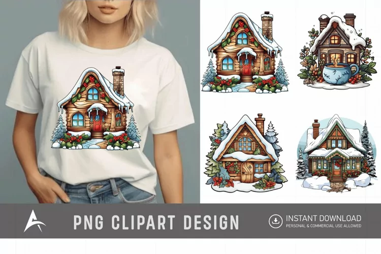 Watercolor Cozy Winter Cottage Clipart