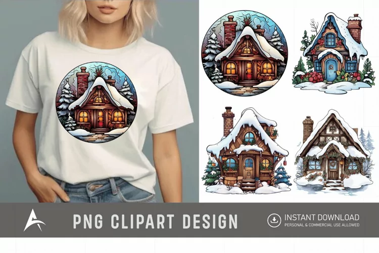 Watercolor Cozy Winter Cottage Clipart