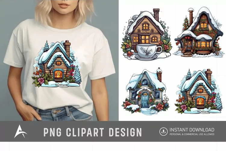 Watercolor Cozy Winter Cottage Clipart