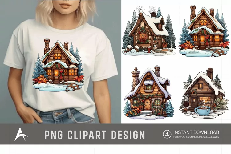 Watercolor Cozy Winter Cottage Clipart
