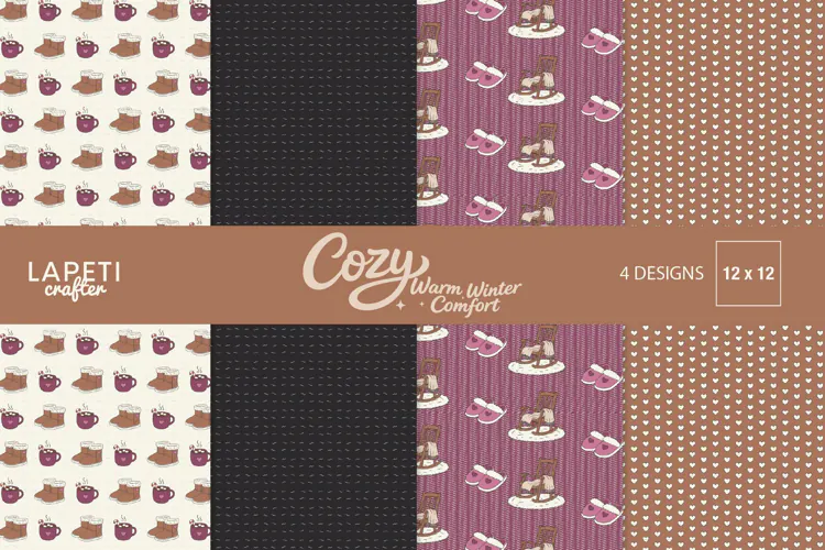 Cozy Winter Digital Paper with Cocoa, Boots and Hearts