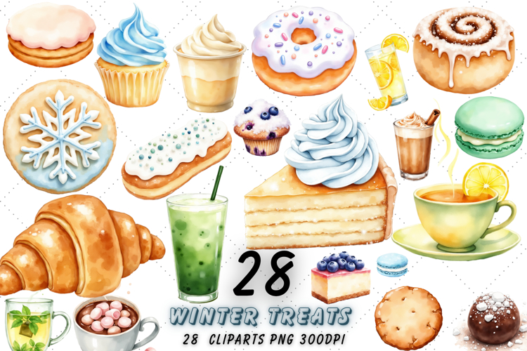 Cozy Winter Treats Watercolor Clipart Bundle | Pastries PNG
