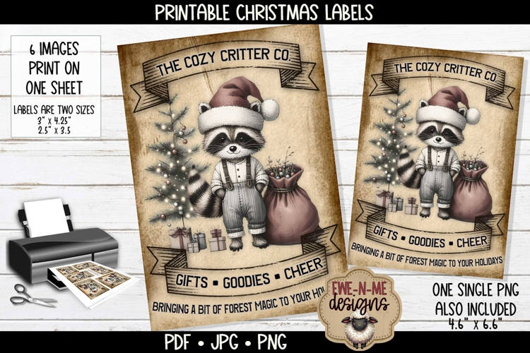 Printable Christmas Tags/Labels | Xmas Raccoon | PDF JPG PNG