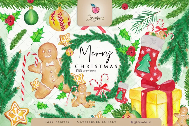 Vintage Christmas watercolor clipart, png files 041