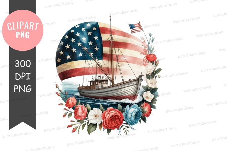 Patriotic sailboat with floral wreath