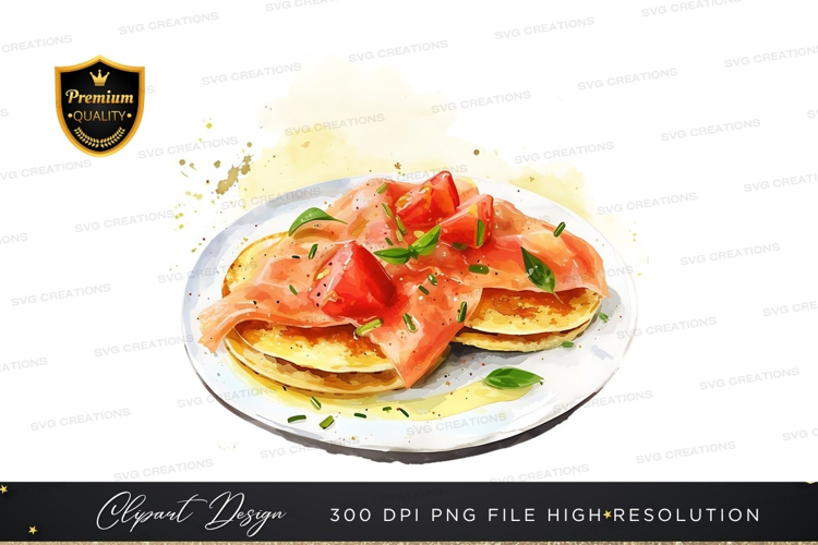 Delicious breakfast pancakes with ham and tomatoes