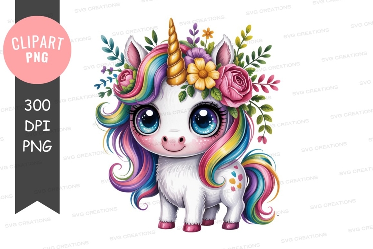 Cute unicorn with rainbow mane and floral crown