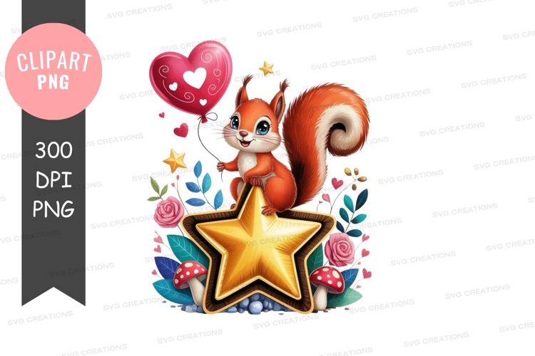 Adorable squirrel with heart balloon and golden star