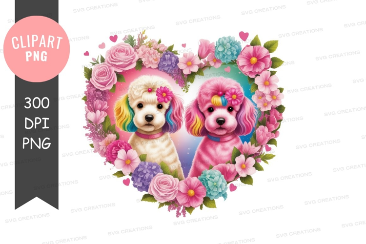 Colorful puppies in a floral heart