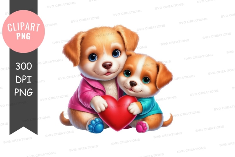 Two puppies holding a heart